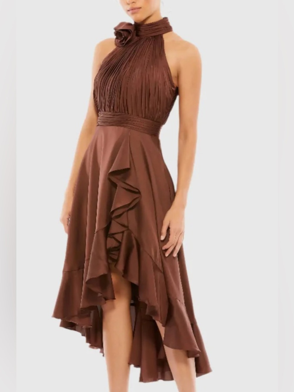 Nwt Mac Duggal 49488 Chocolate Halter  Flower Detail Ruffled Midi Dress Size 0